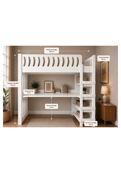 Ranza Çalışmalı Kıtaplıklı Beyaz 1.sınıf Mdf 190 90cm 90 x 190