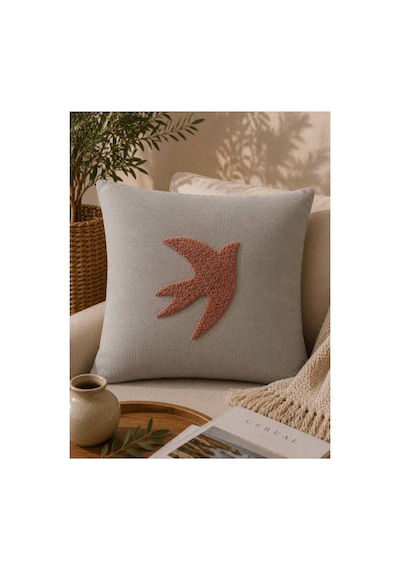 Punch Nakışlı Kırlent Kılıfı 45x45 Cm Kırlangıç Home Çapa Çiçek Desenli Gri- Somon