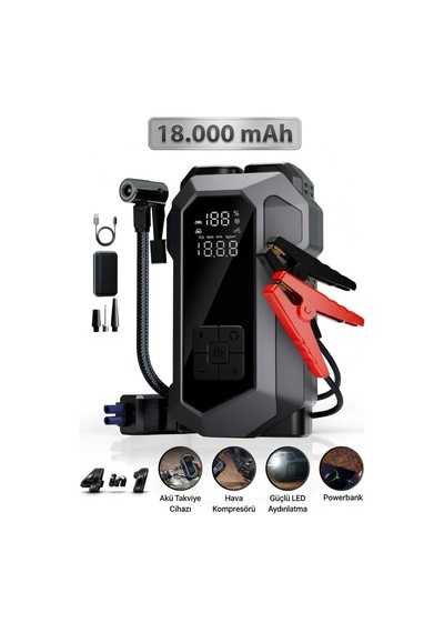 Akü Takviye 4 In 1 Şarjlı Akü Takviye Cihazı 18.000 Mah Gerçek Değer Akım Koruma Güçlü Seri 150 Psı