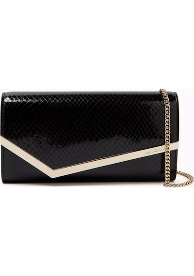 Jimmy Choo Patenli Deri Emmie Clutch, Rugan & Işıltılı, Asimetrik Kapak Tasarımı El Çantası Siyah