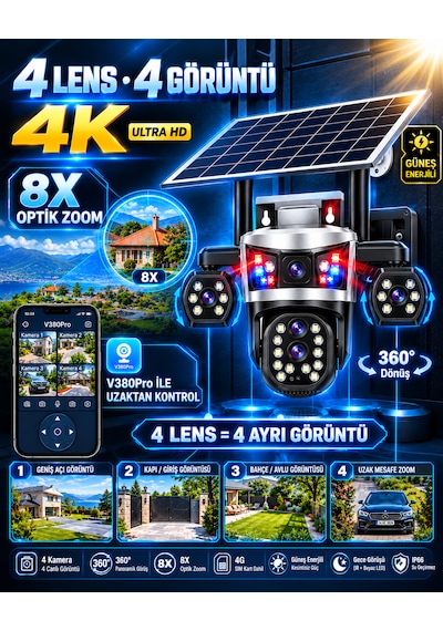 Dobest 4g Sım Kartlı 4k 5 Lensli 8x Zoom Ptz Solar Güvenlik Kamerası V380 Pro Güneş Enerjili Dış Mekan Kamera