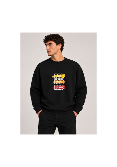 Herkesemoda No Fear Baskı Detaylı Bisiklet Yaka Şardonlu 2 İplik Sweatshirt Siyah