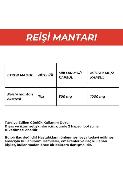Reişi Mantarı 1000 Mg Günlük Destek 60 Kapsül Bitkisel Takviye