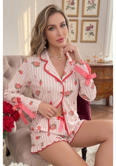 Bella Notte Pembe Romantik Gül Desenli Fiyonk Detaylı Şortlu Pijama Takımı