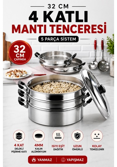 Buharlı Alüminyum Mantı Tenceresi 32 Cm 4 Katlı Özbek Kazak Mantı Pişirme Tenceresi Gri