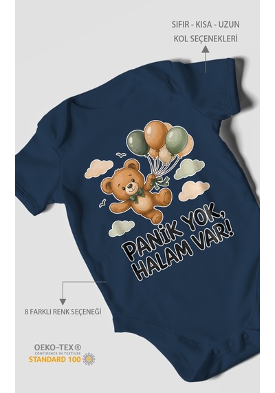 Morivokids Panik Yok, Halam Var Kısa Kollu Bebek Body %100 Pamuk Lacivert