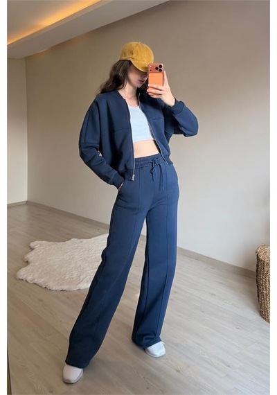 Neşeli Butik Kadın Oversize 3 İplik Cepli Eşofman Takımı Nm029 Lacivert