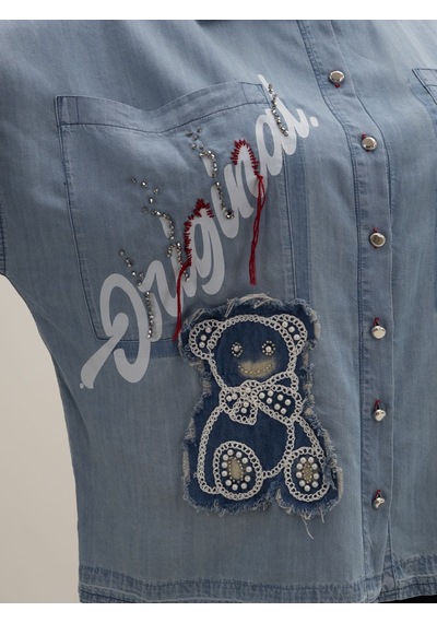La Velina Büyük Beden Ayıcık Aplikeli Taş Detaylı Denim Tunik Gömlek Mavi