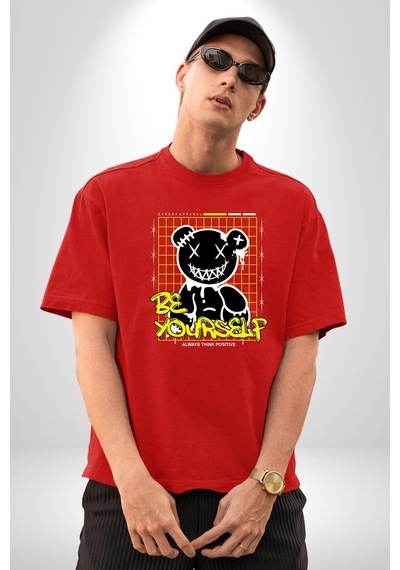Kendin Ol Pamuklu Bisiklet Yaka Unisex Oversize Boyfriend Dijital Baskılı Kırmızı T-shirt Kırmızı