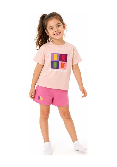 Haribo Lisanslı Kareli Ayıcık Baskılı T-shirt Şort Takım Pudra Haribo Lisanslı Kareli Ayıcık Baskılı T-shirt Şort Takım Pudra