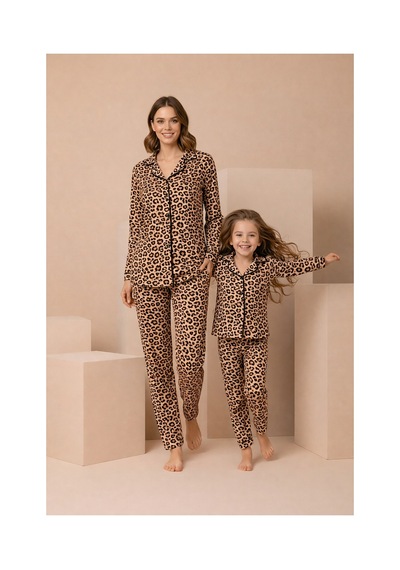 Rindahomewear Anne-kız Leopar Desenli Düğmeli Örme Uzun Kollu Pijama Takımı Kahverengi