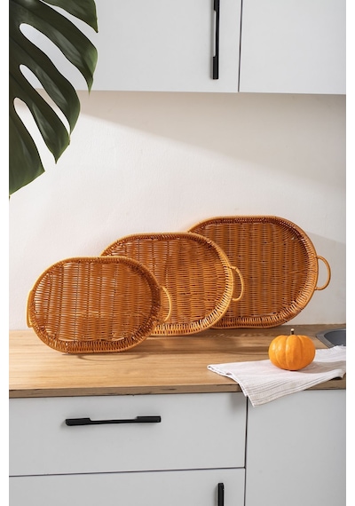 Porsima 708-a Oval 3'lü Hasır Tepsi Dekoratif Servis Sunum Tepsi