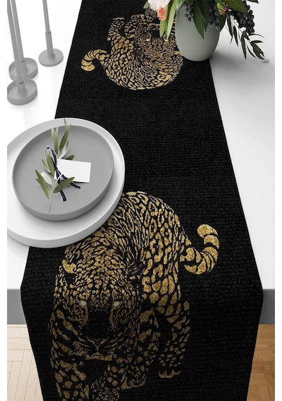 Siyah Leopar Desenli Premium Masa Örtüsü Runner Rnr355n11