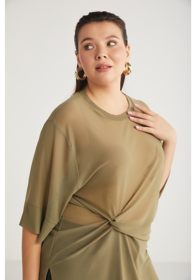 ETHIQUET YUKINBB Kadın Drape Detaylı Mesh Kumaşlı Yuvarlak Yaka Haki Büyük Beden Tunik