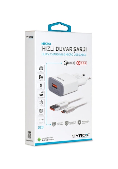 Syrox Q20 2A Hızlı Şarj Cihazı Ve Mikro Usb Kablo