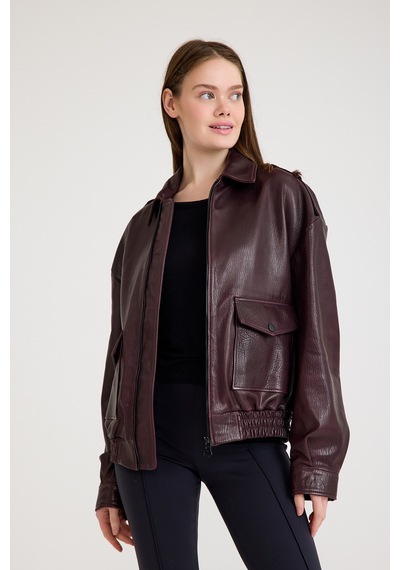 Oversize Bayan Deri Ceket Vb-18-bk-2854-24177 Bordo