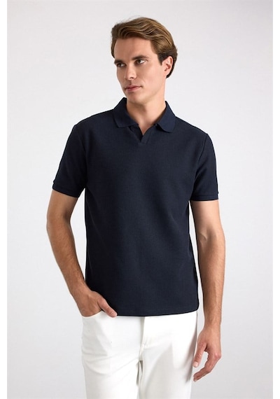 Süvari Lacivert Regular Düz Baskısız Waffle V Pat Polo Yaka Tişört Sts1014000005-m09