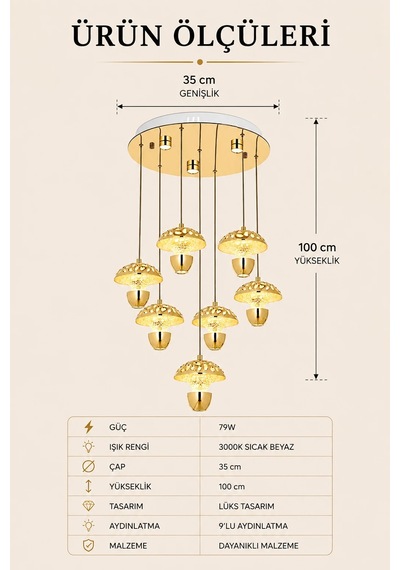 7'li Modern Premium Gold 3 Renkli Ledli Sarkıt Avizesi Salon Mutfak Oturma Odası Şık Modelleri 79w Beyaz