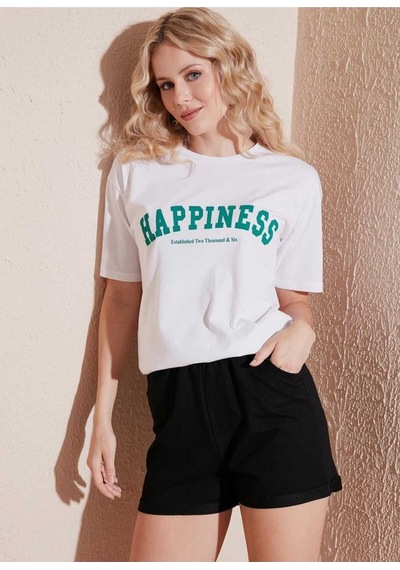 Kozia Outdoors Malkoçbey Happinnes Baskili Oversize Unisex Basic T-shirt Beyaz