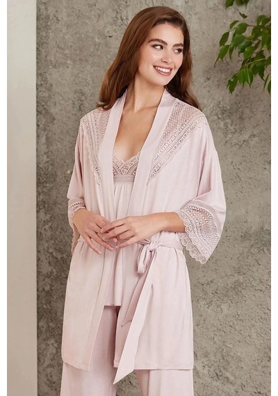Pierre Cardin 2820 Kadın Pudra Dantelli Penye 3'lü Sabahlıklı Pijama Takım 001