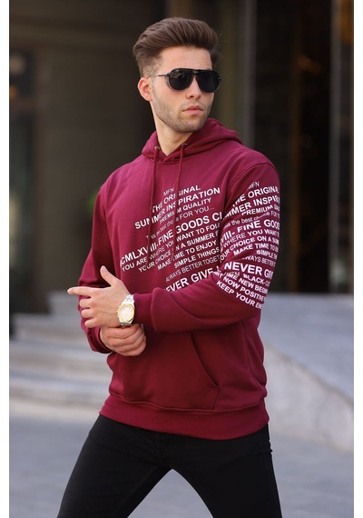 Madmext Bordo Baskılı Kapüşonlu Sweatshirt 6009 Bordo