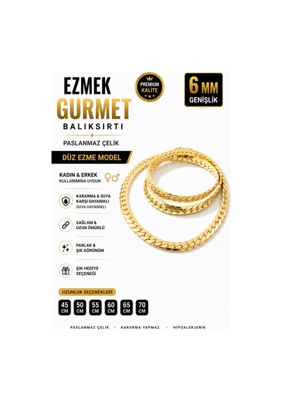 Gümüş Kaplama 316 L Paslanmaz Çelik Kz-103 Ezme Balıksırtı Gurmet Sık Örme İtalyan Model Zincir Kolye 6 Mm Gold Altın