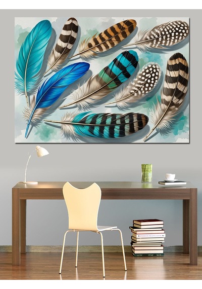 Renkli Kuş Tüyleri Modern Tablo Dekoratif Kanvas - Mdf Ahşap Tablo