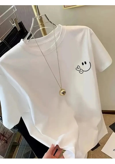 Modi Baskılı Oversize Bisiklet Yaka T-shirt - Beyaz - Mymg158821