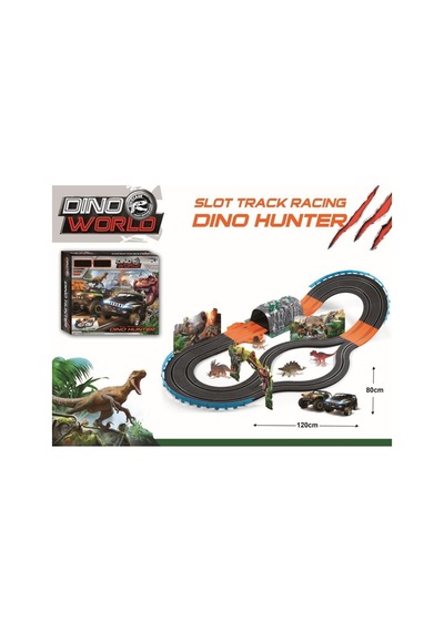 Dino World Dino Hunter Slot Track Yarış Seti - 120x80 Cm Dinozor Temalı Işıklı Araba Pisti Çok Renkli