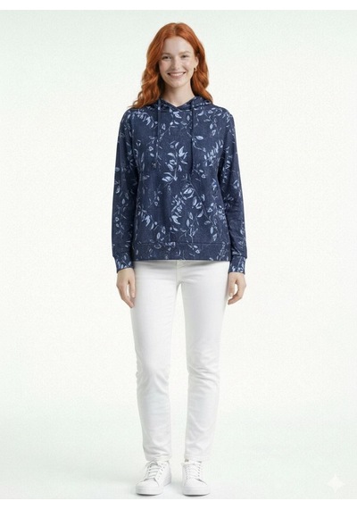 Neden Tekstil Kadın Kapüşonlu Yaprak Desenli Sweatshirt - Mavi