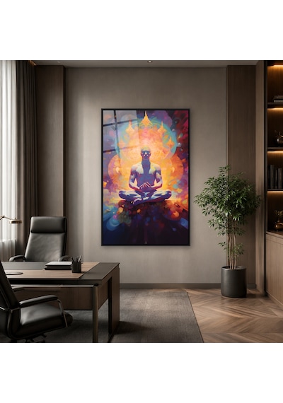 Renkli Aurada Lotus Meditasyonu Siyah Çerçeveli Cam Tablo