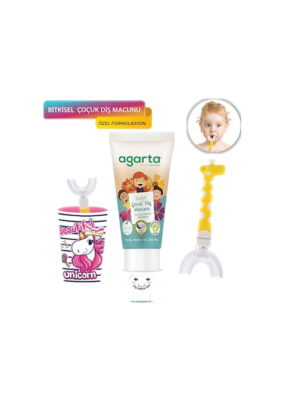Mas Lord U Tipi Yeni Nesil Diş Fırçası Seti - Pembe Fırçalık + Sarı Zürafa 6-12 Yaş +Agarta Çocuk Diş Macunu