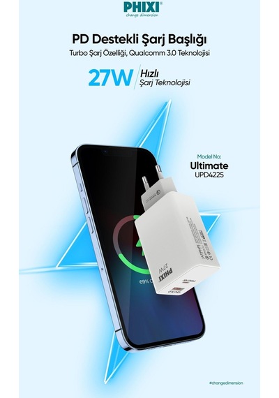 Phixi Ultimate UPD4225 27W PD Çift Çıkışlı Hızlı Şarj Adaptörü