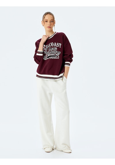 Koton Üç İplik Şardonlu Uzun Kollu Bisiklet Yaka Kolej Baskılı V Yaka Sweatshirt Bordo 5wal10836ık Bordo