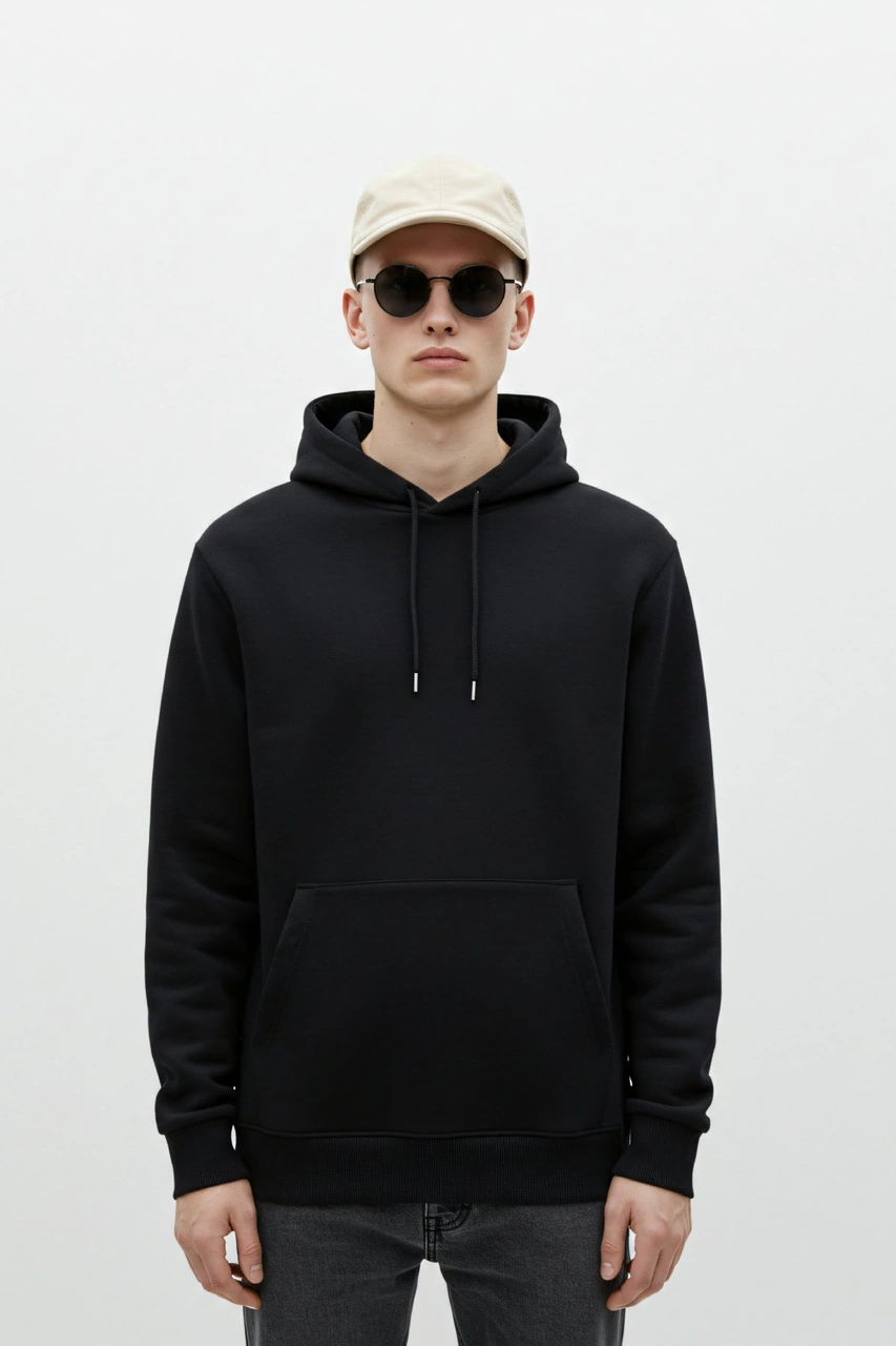 Erkek Oversize %100 Pamuk Yüksek Kalite Erkek Kapüşonlu Sweatshirt Siyah