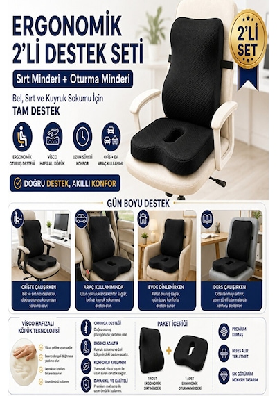 2 Li Ortopedik Visco Minder Seti Ergonomik Bel, Sırt Ve Kuyruk Sokumu Desteği Siyah