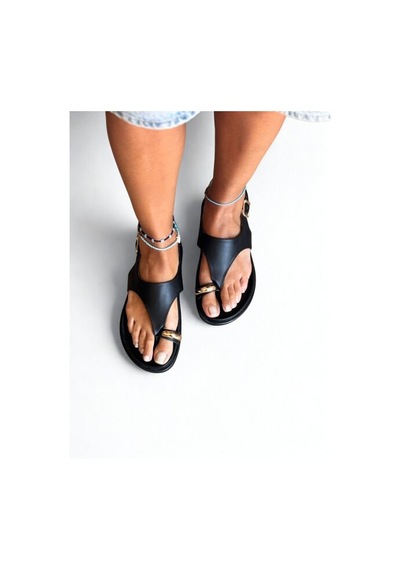 Ne&ve Shoes Siyah Deri Tokalı Parmak Arası Kadın Günlük Sandalet