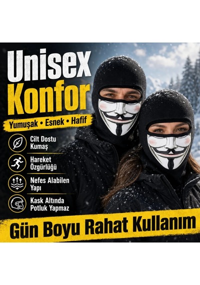 Womanandkids Wak Unisex Anonymous Baskılı Balaklava 1 Adet Tek Beden Viskoz Kask İçi Motosiklet Maskesi Siyah