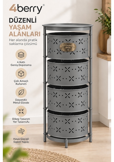 4 Katlı Metal Çok Amaçlı Düzenleyici Sepet Mutfak Sebzelik, Oyuncak, Banyo Ve Ev Organizeri Antrasit
