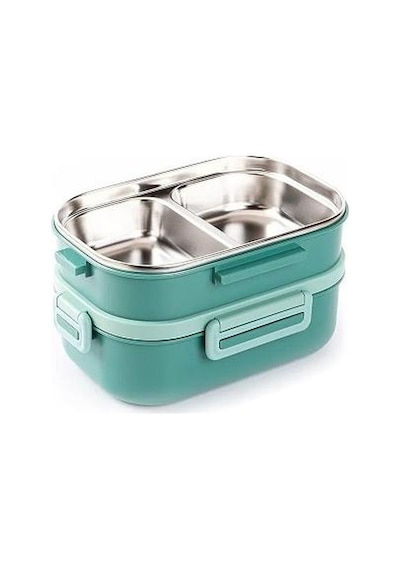 Tantitoni Yeşil Paslanmaz Dikdörtgen 2 Katlı Chopstıck Ve Kaşıklı Yemek Taşıma Kabı 1.65l