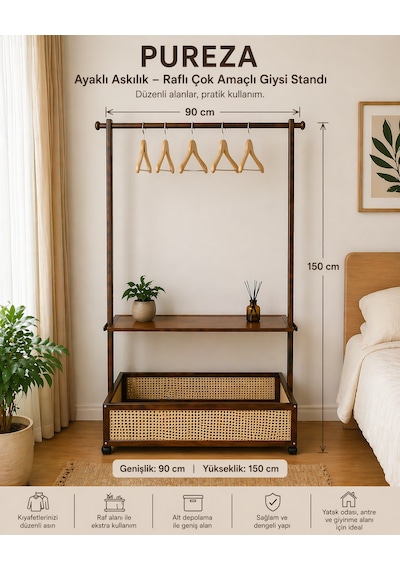 Pureza Ayaklı Askılık Raflı Çok Amaçlı Giysi Standı 90x150 Cm Koyu Kahverengi