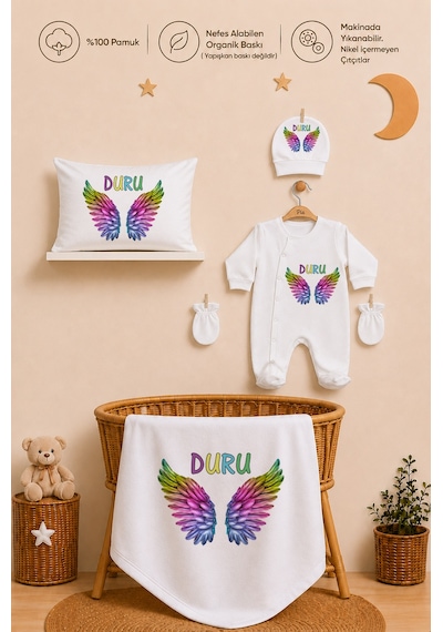 Pia Baby Kız Bebek Tulum Seti İsme Özel %100 Pamuk Organik Baskılı Yastık Kılıfı Ve Battaniyeli Tulum 2051tyb0x Ekru