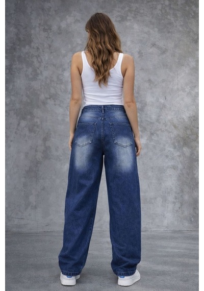 St.poll Eskitme Yıkamalı Baggy Jean Mavi