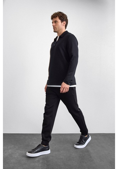 Backandbond Siyah Regular Fit Gömlek Yaka Yarım Fermuarlı Sweatshirt