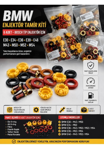 Bmw E30 E34 E36 E39 E46 Enjektör Tamir Kiti M43 M50 M52 M54 Bosch Tip Benzinli 6 Adet 0