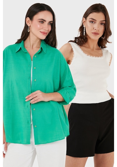 Lela Streç Pamuklu Oversize Fit 2' Li Paket Bayan Gömlek-Atlet Set 67810014979S2 Yeşil-Ekru Lela Streç Pamuklu Oversize Fit 2' Li Paket Bayan Gömlek-Atlet Set 67810014979S2 Yeşil-Ekru