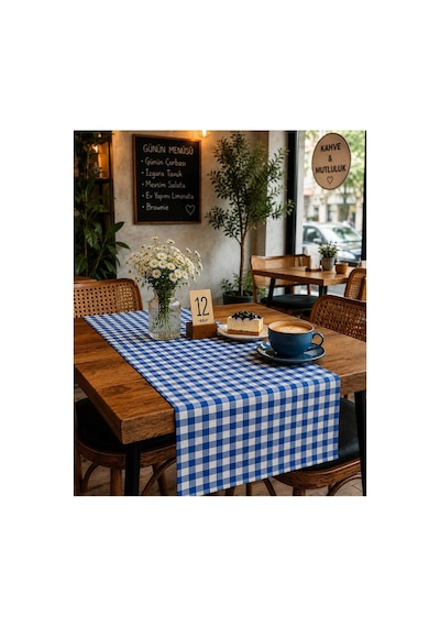 Lacivert Beyaz Pötikareli Runner Masa Üstü Dekoratif Örtü 40x140 Cm