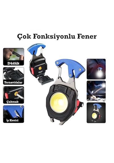 İdragon W5147 Çok Fonksiyonlu Şarjlı Cob Led Anahtarlık Fener - Çakmak, Düdük, Tornavida Ve Kemer Kesici Özellikli Kamp Lambası Çok Renkli