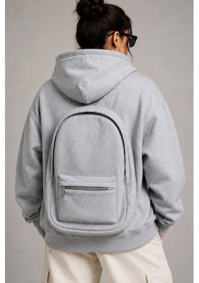 Moda Kadın 3 İplik Şardonlu Tam Fermuarlı Kapüşonlu Arka Çanta Detaylı Sweatshirt - Gri Çok Renkli