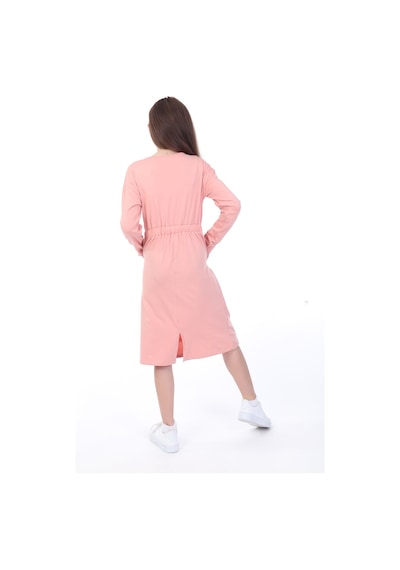 Toontoy Kız Çocuk Baskılı Relax Fit Bisiklet Yaka Uzun Kollu Bağcıklı Elbise - Mercan